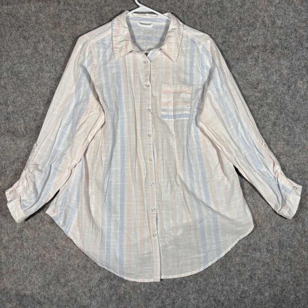 Westport Striped Button Down Shirt Womens 1X White Blue‎ Peach Lurex